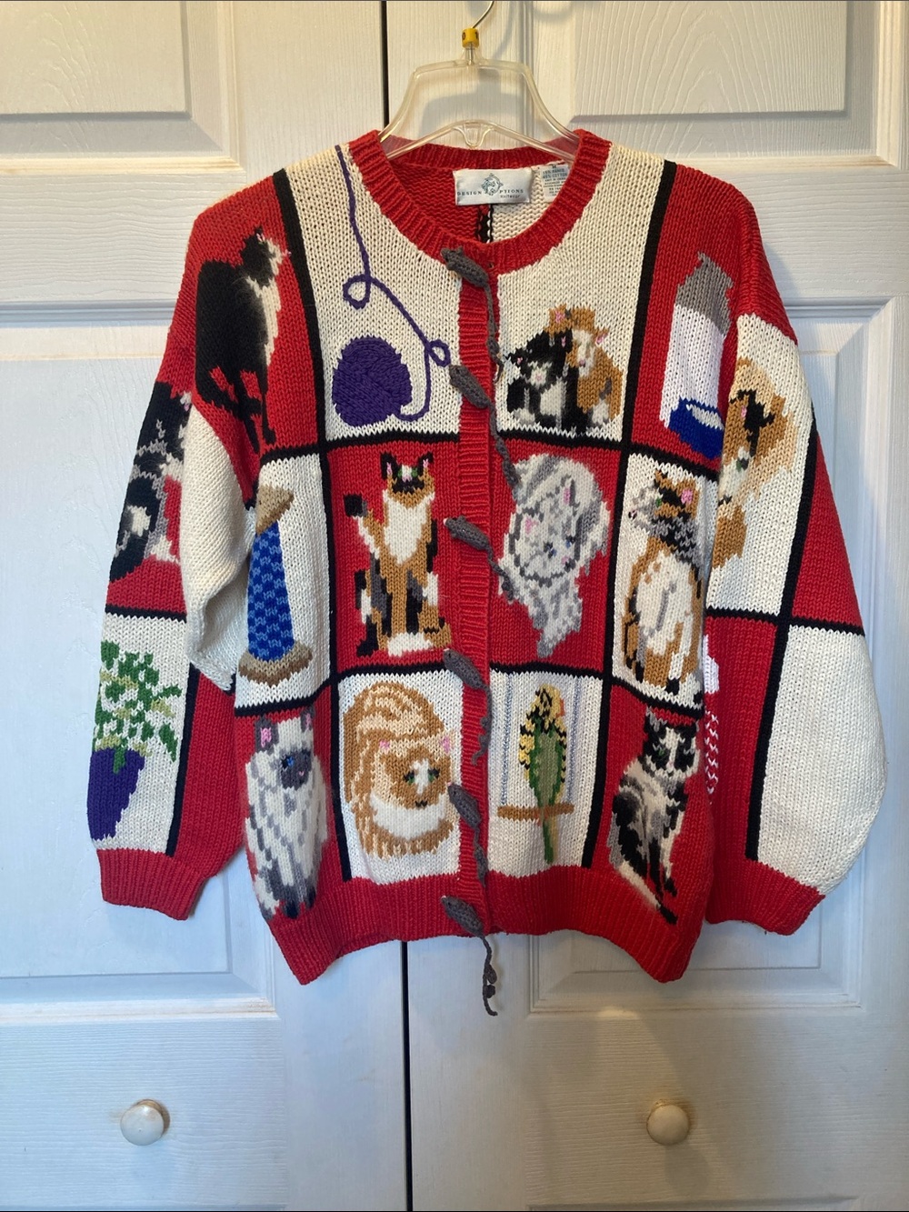 Cozy Red Cream Cat Patchwork Cardigan Sweater by Design options ..  size M